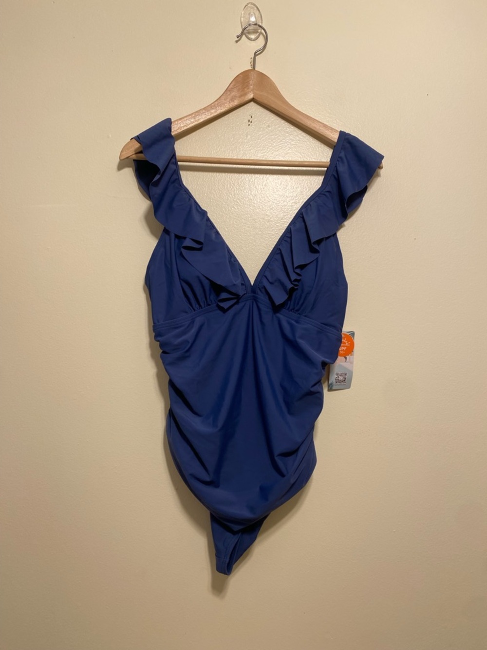 MY CHARMO Ruffled V-Neck One-Piece Swimsuit in Deep Blue. Size L. New